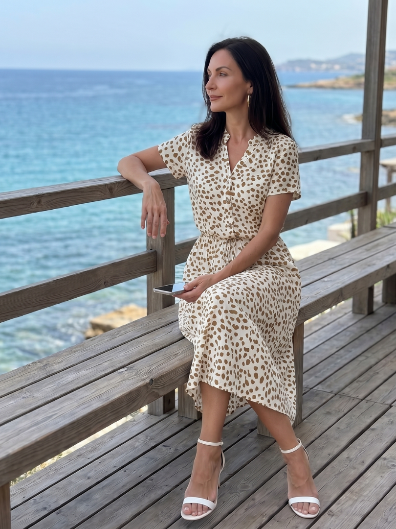 Midi Dress Women Relaxed Fit Casual Printed Button Front Belted