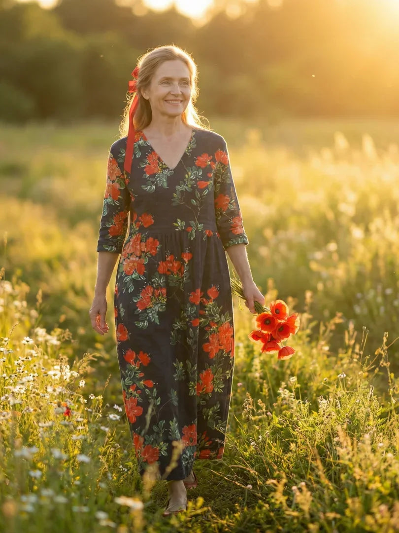 Floral Midi Dress Women Relaxed Fit Casual