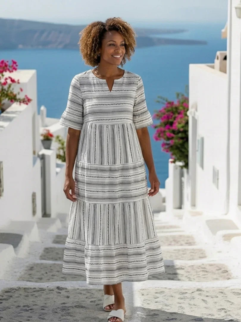 Midi Dress Women Relaxed Fit Casual Striped Short Sleeve