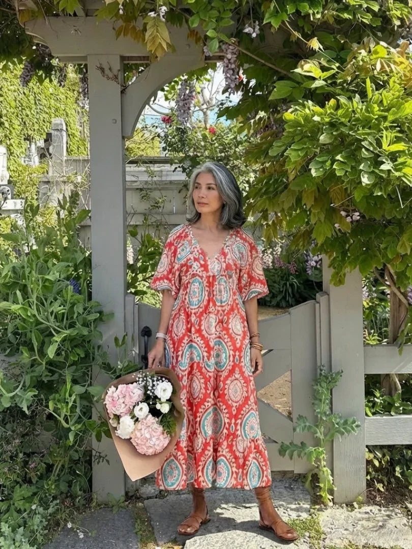 Midi Dress Women Regular Fit Casual Paisley Print V Neck Short Sleeve
