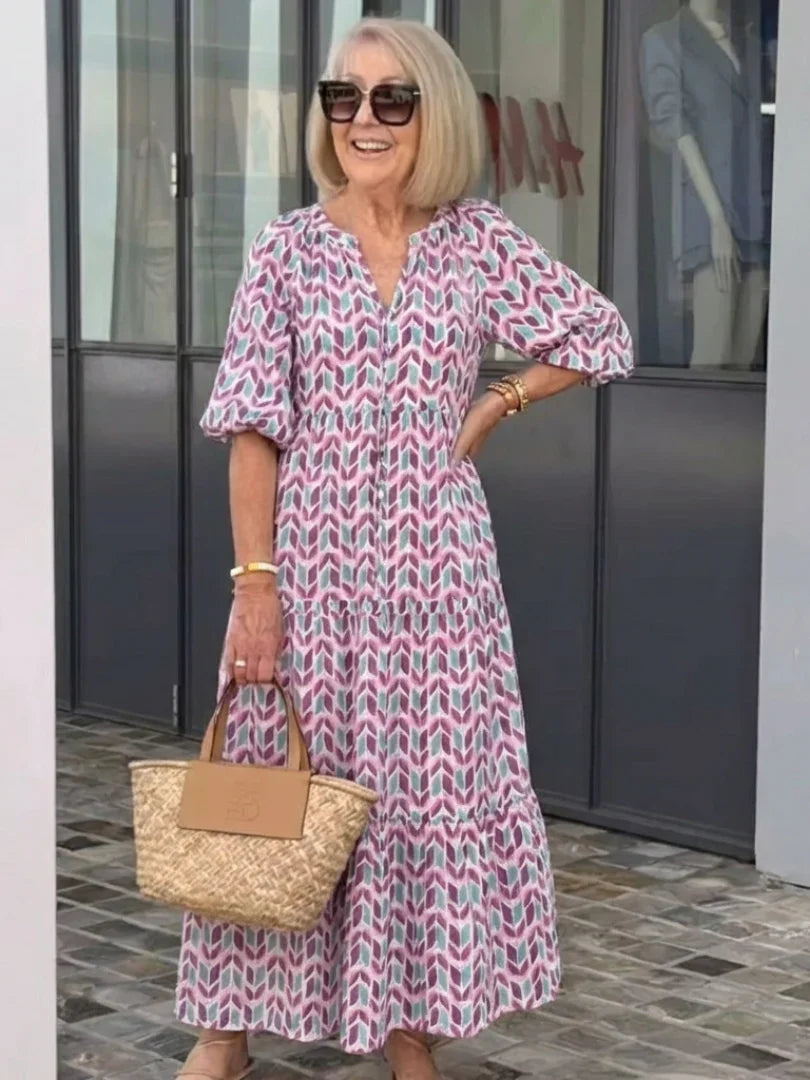 Midi Dress Women Relaxed Fit Casual Geometric Print
