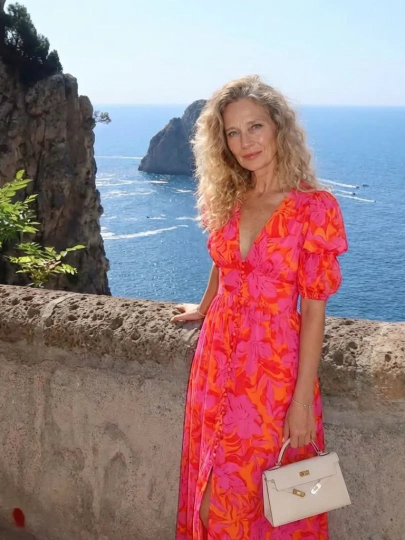 Midi Dress Women Relaxed Fit Casual Summer Floral V Neck Puff Sleeve