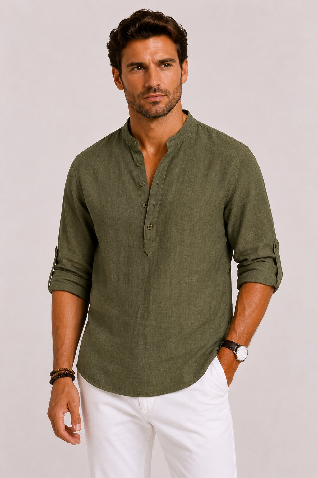 Stand Collar Shirt Men Relaxed Fit Casual Summer