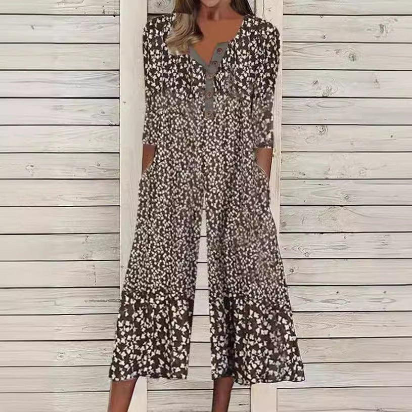 Printed V-Neck Short Sleeve Jumpsuit Women Relaxed Fit Casual Summer