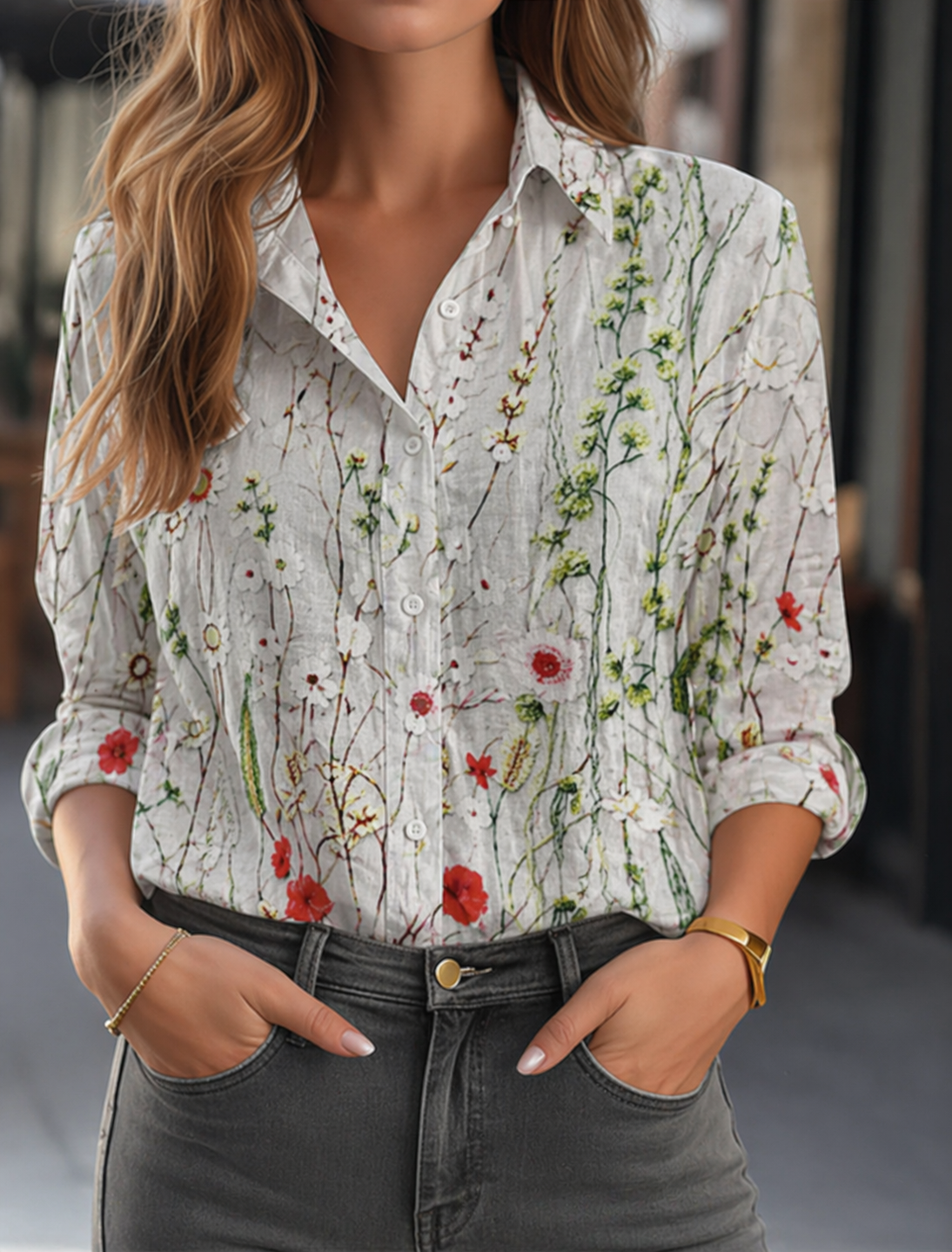 Blouse Women Relaxed Fit Casual Floral Pattern