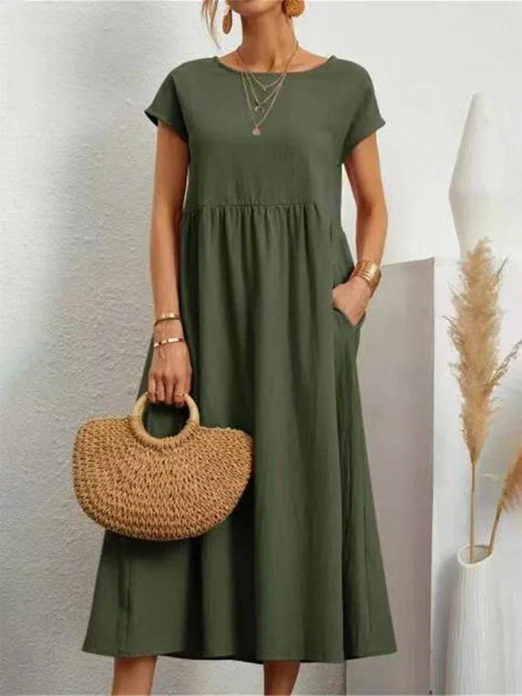 O-neck Vintage Dress Women Relaxed Fit Casual Summer