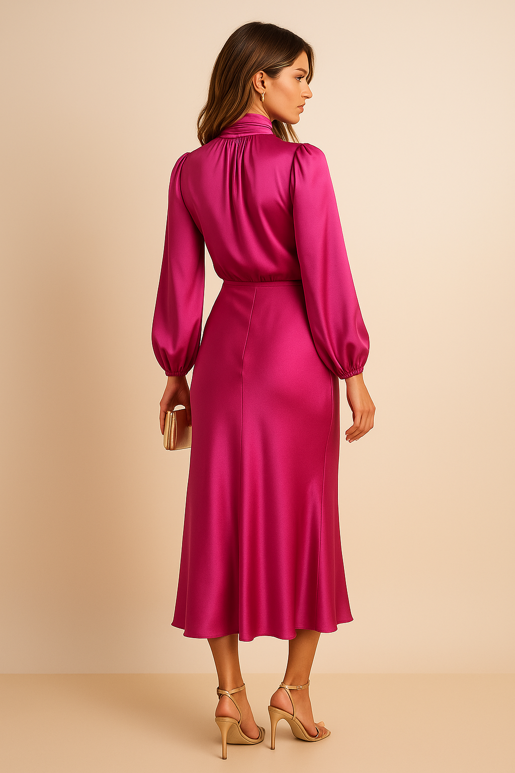 Women's High Neck Midi Dress – Elegant High Waist Silhouette