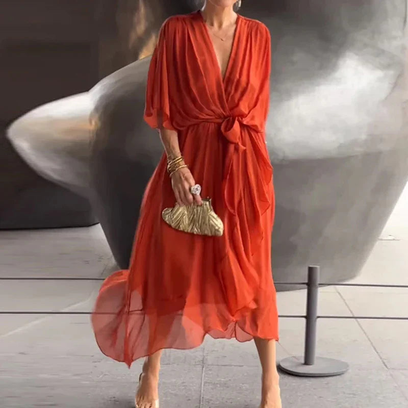 Elegant V-Neck Dress Women Relaxed Fit Casual Elegant