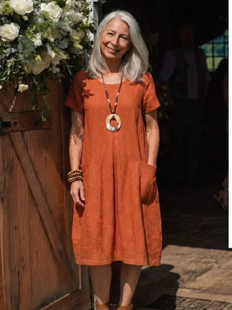 Short Sleeve Pleated Knee-Length Dress Women Relaxed Fit Casual