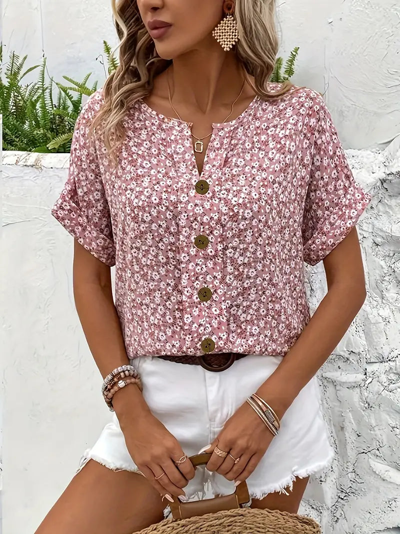 Floral Print Button-Down Blouse Women Regular Fit Casual Summer