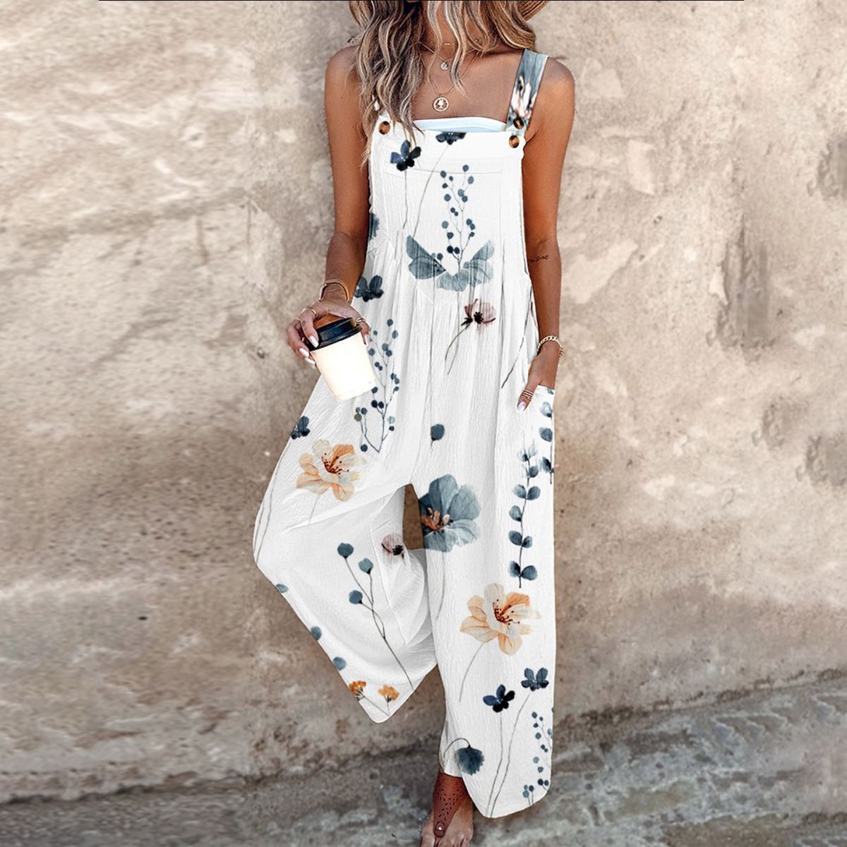 Sleeveless Floral Print Wide-Leg Jumpsuit Women Relaxed Fit Casual Summer