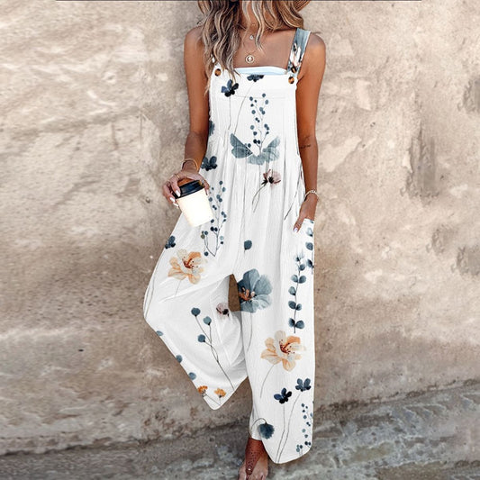 Sleeveless Floral Print Wide-Leg Jumpsuit Women Relaxed Fit Casual Summer