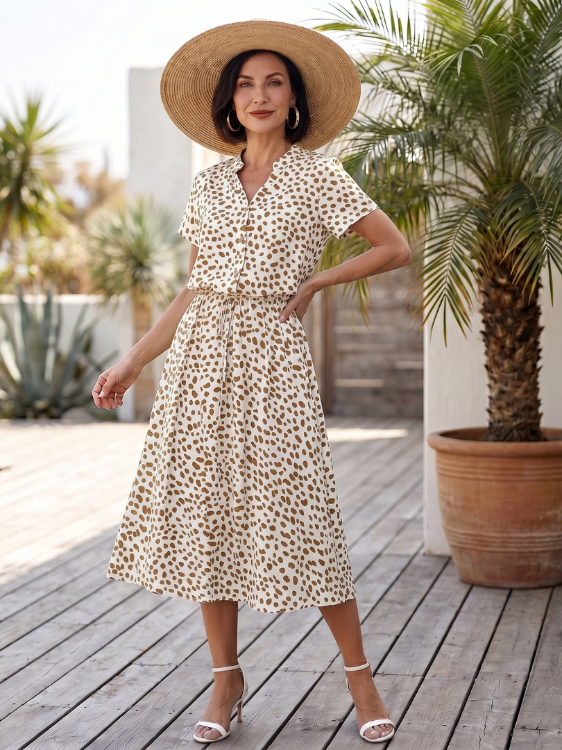 Midi Dress Women Relaxed Fit Casual Printed Button Front Belted