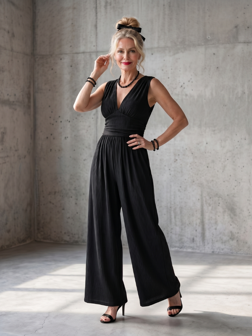 Wide Leg Jumpsuit Women Defined Waist Deep V Neck