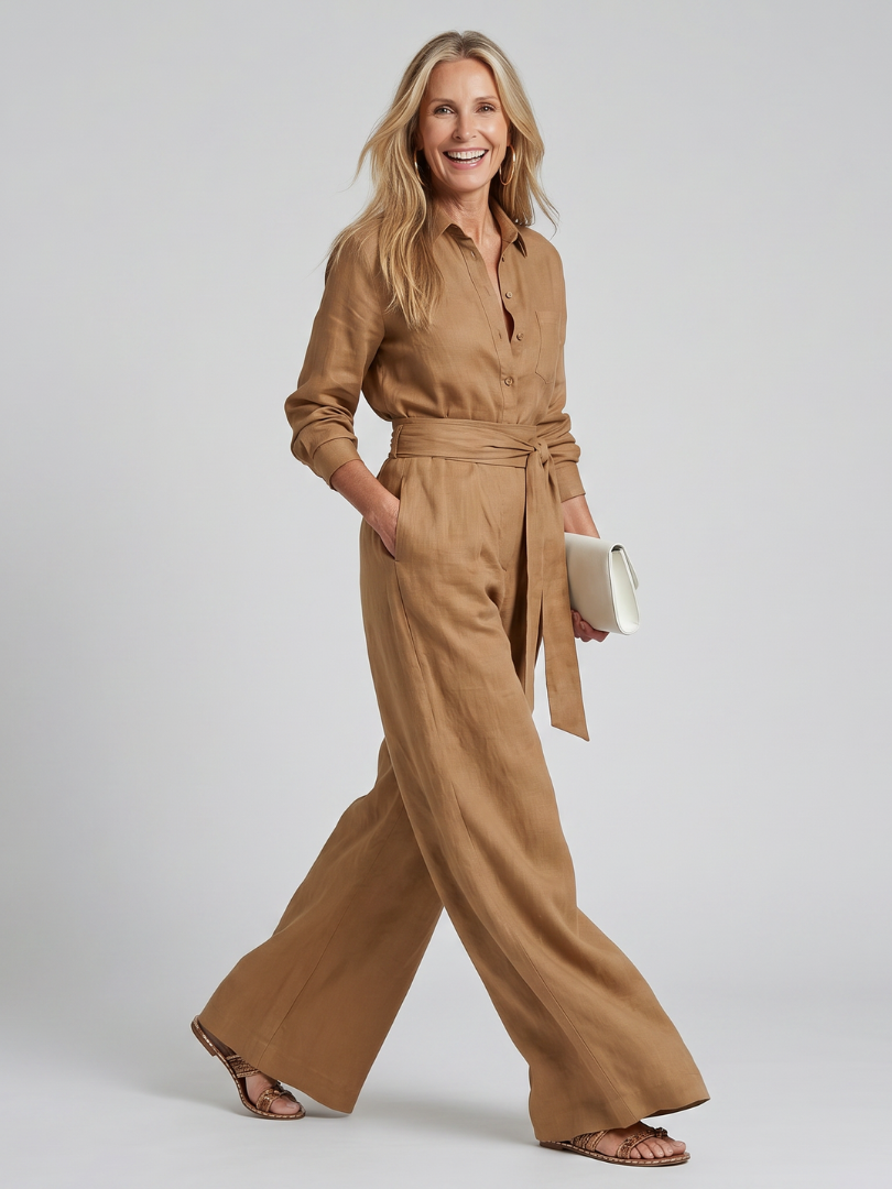 Long Sleeve Button-Front Wide Leg Jumpsuit Women Relaxed Fit Casual