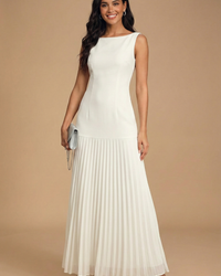 Women's Sleeveless Boat Neck Fitted Bodice Drop-Waist Pleated Maxi Dress for Evening Occasions