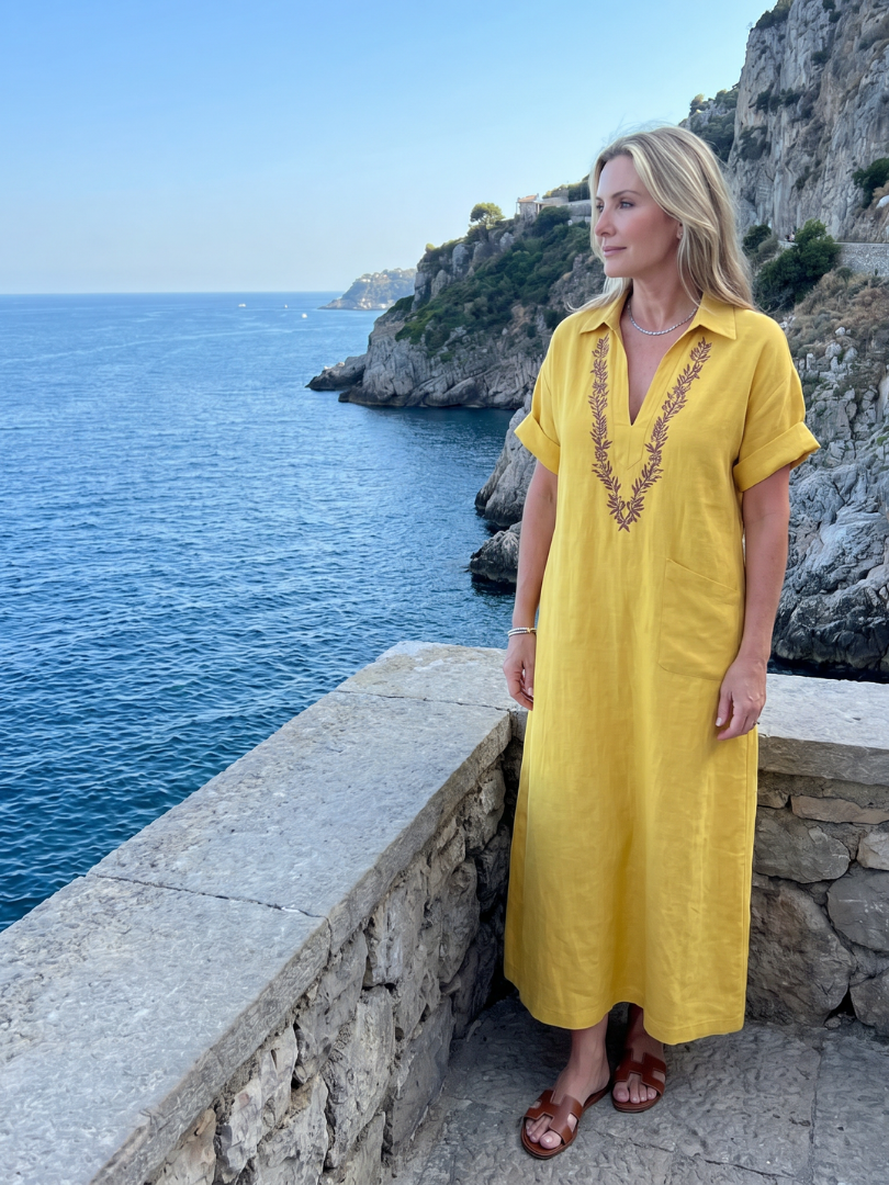 Midi Dress Women Relaxed Fit Casual Embroidered Detail