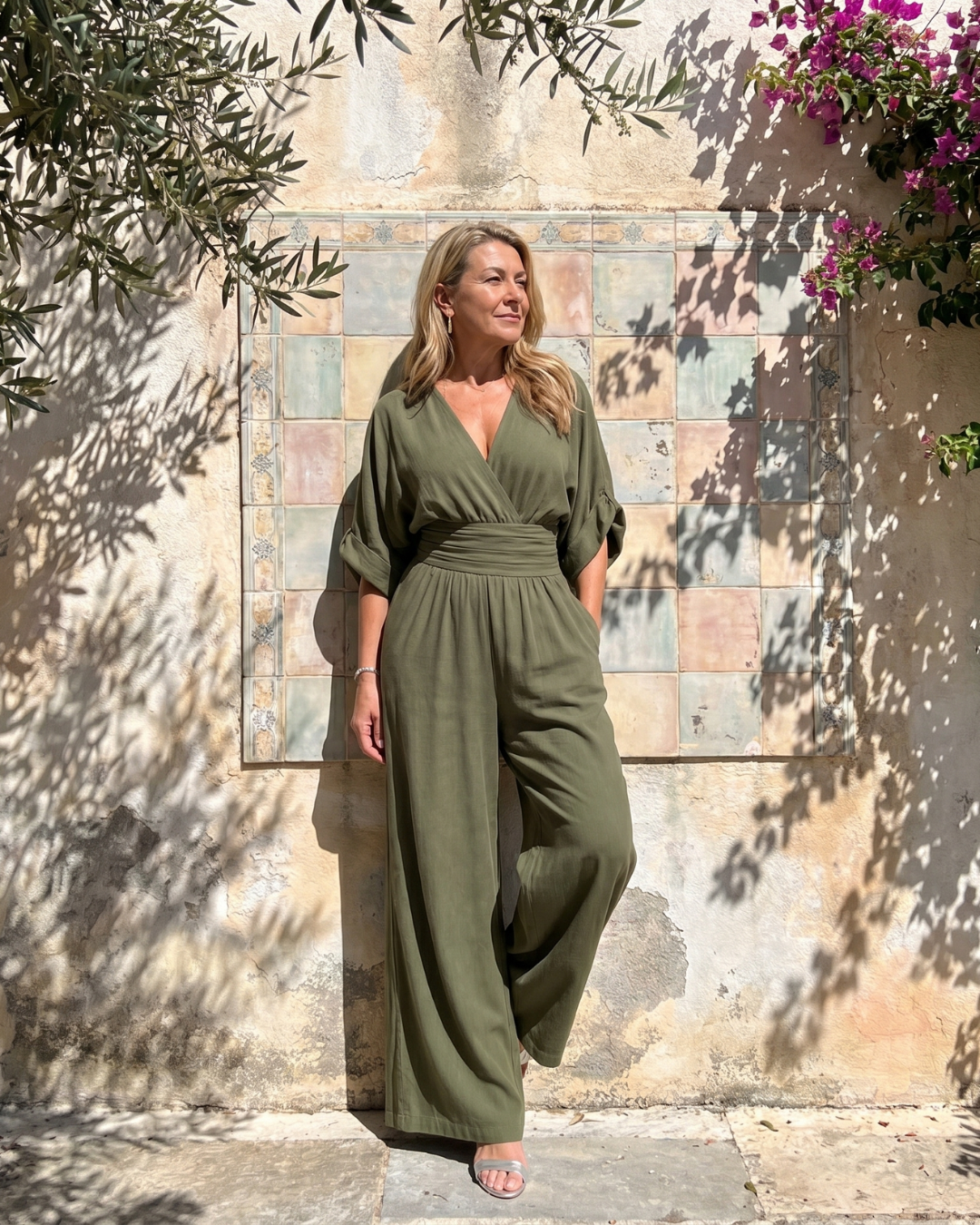 Draped V Neck Wide Leg Jumpsuit Women Relaxed Fit Casual