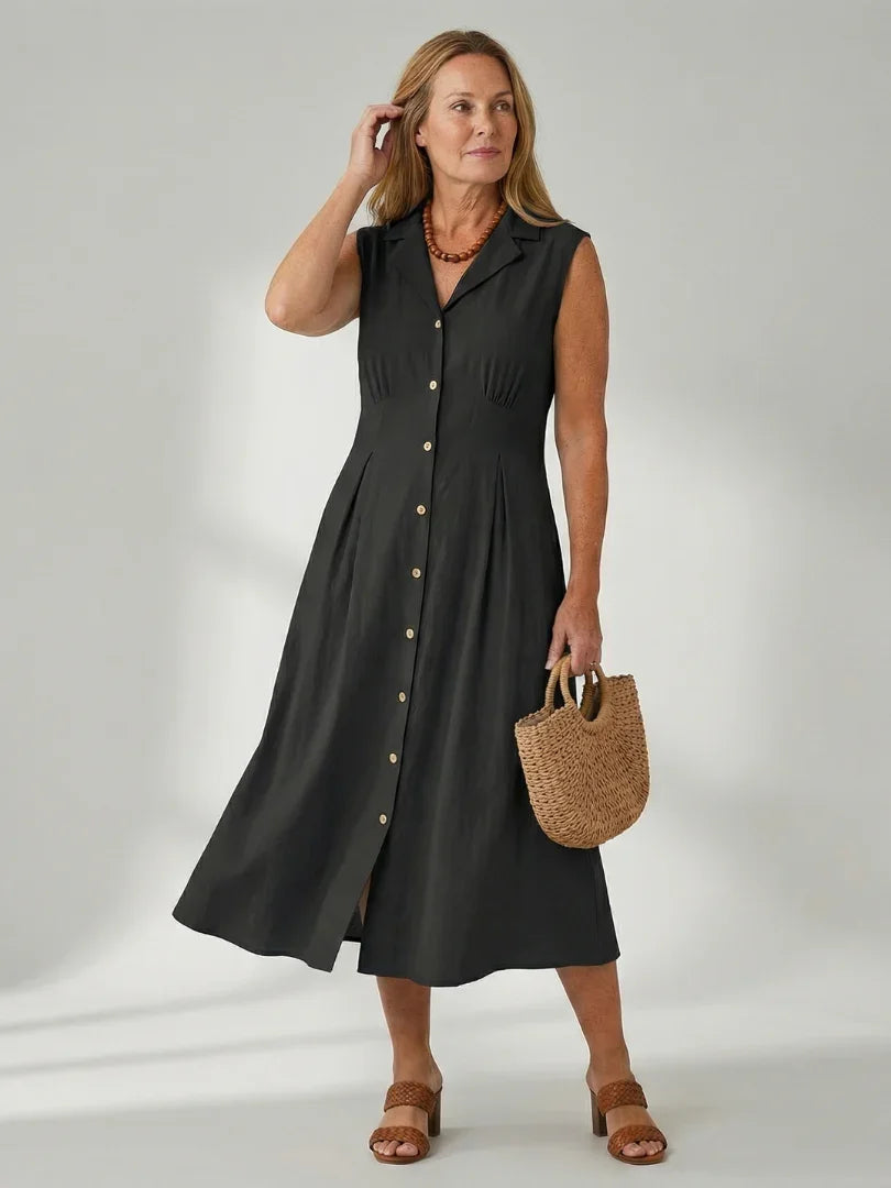 Sleeveless Button-Front Midi Dress Women Defined Waist Casual