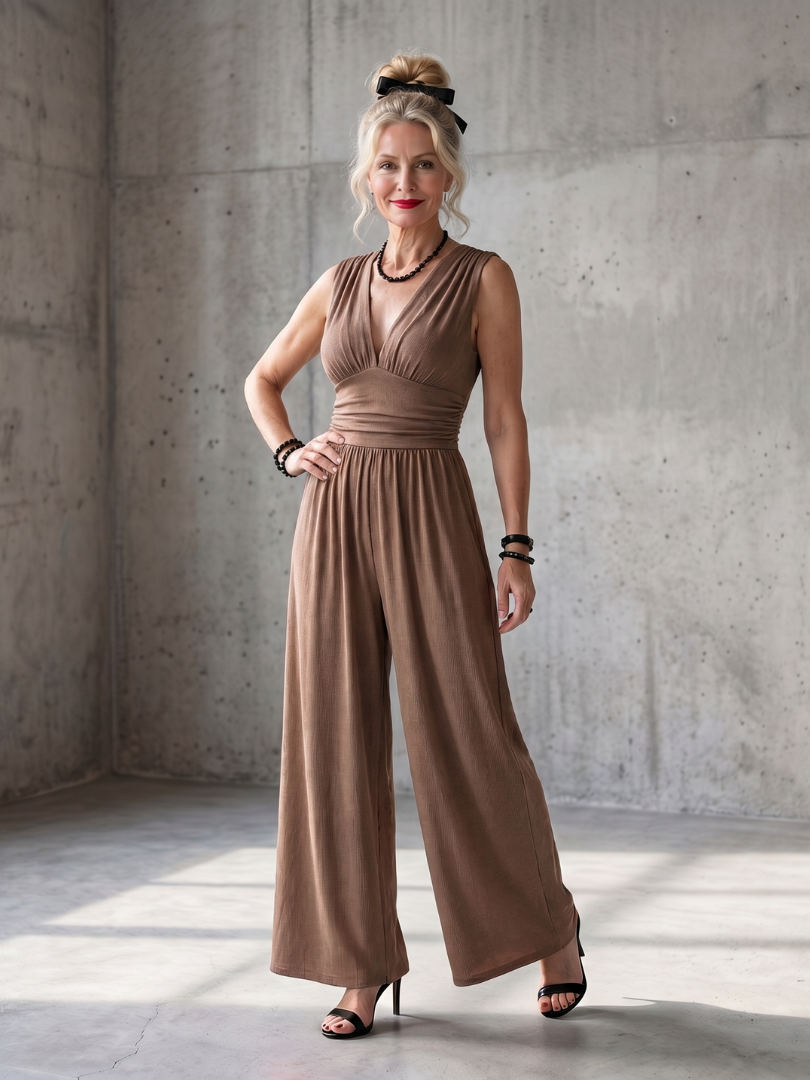 Wide Leg Jumpsuit Women Defined Waist Deep V Neck