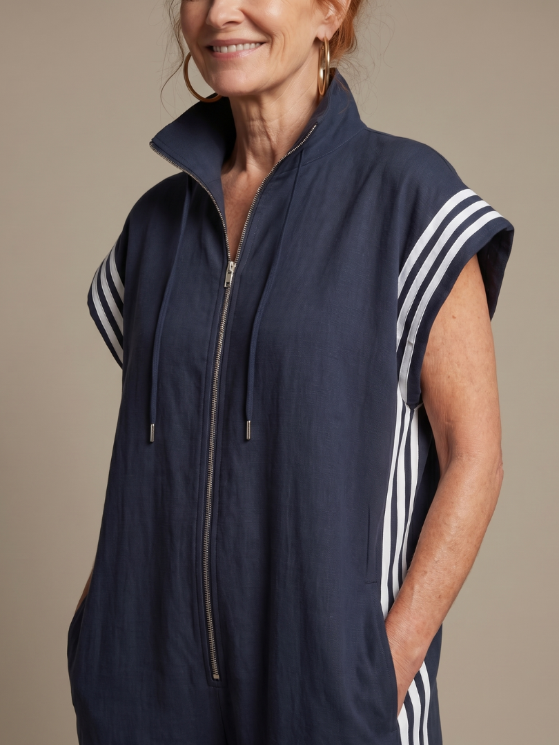 Jumpsuit Women Relaxed Fit Casual with Zip Front and Stripe Panels