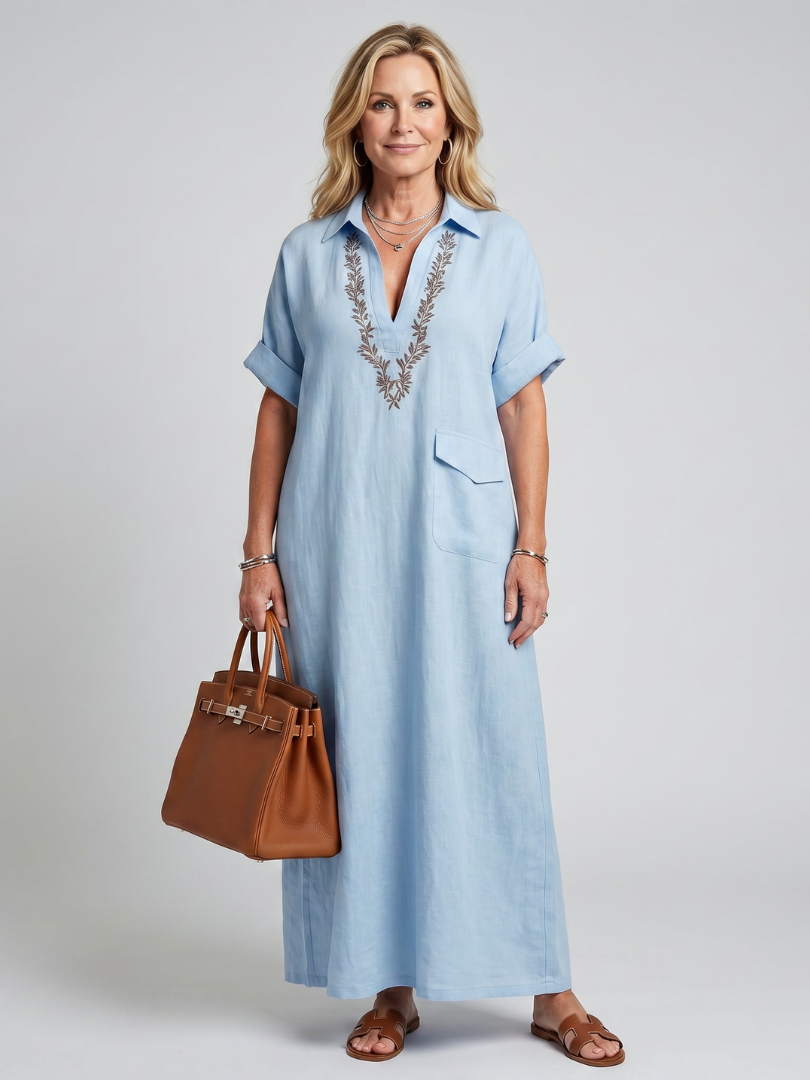 Midi Dress Women Relaxed Fit Casual Embroidered Detail
