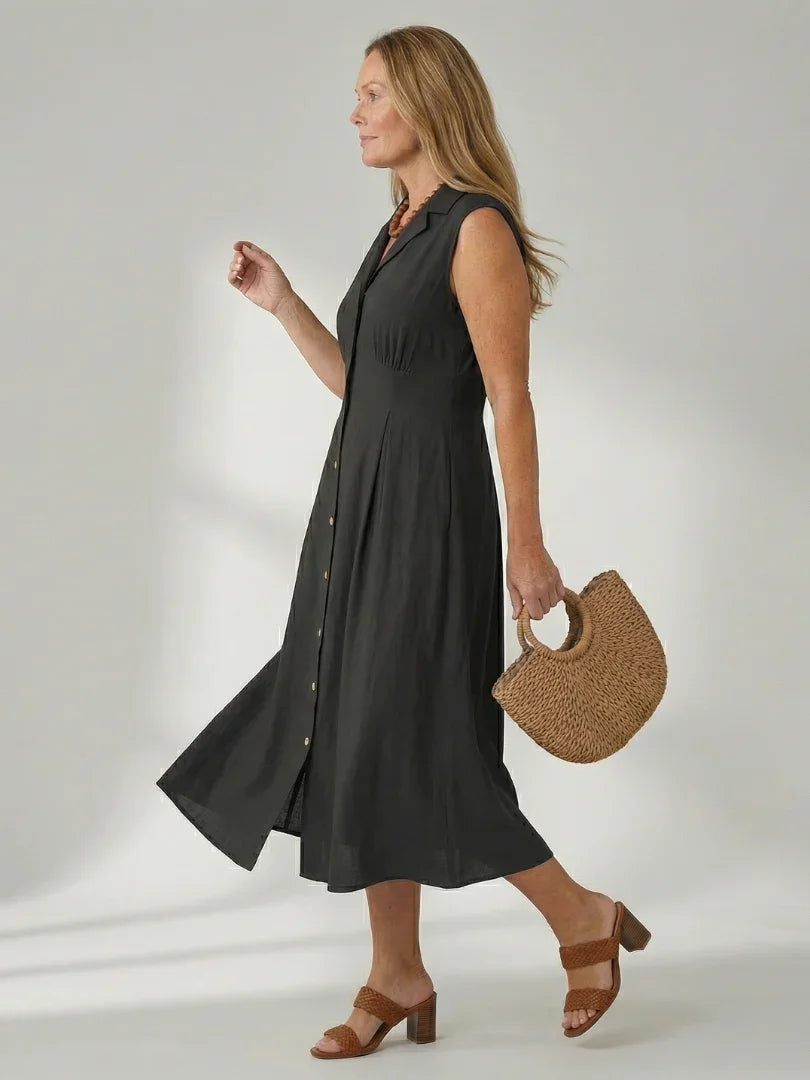 Sleeveless Button-Front Midi Dress Women Defined Waist Casual