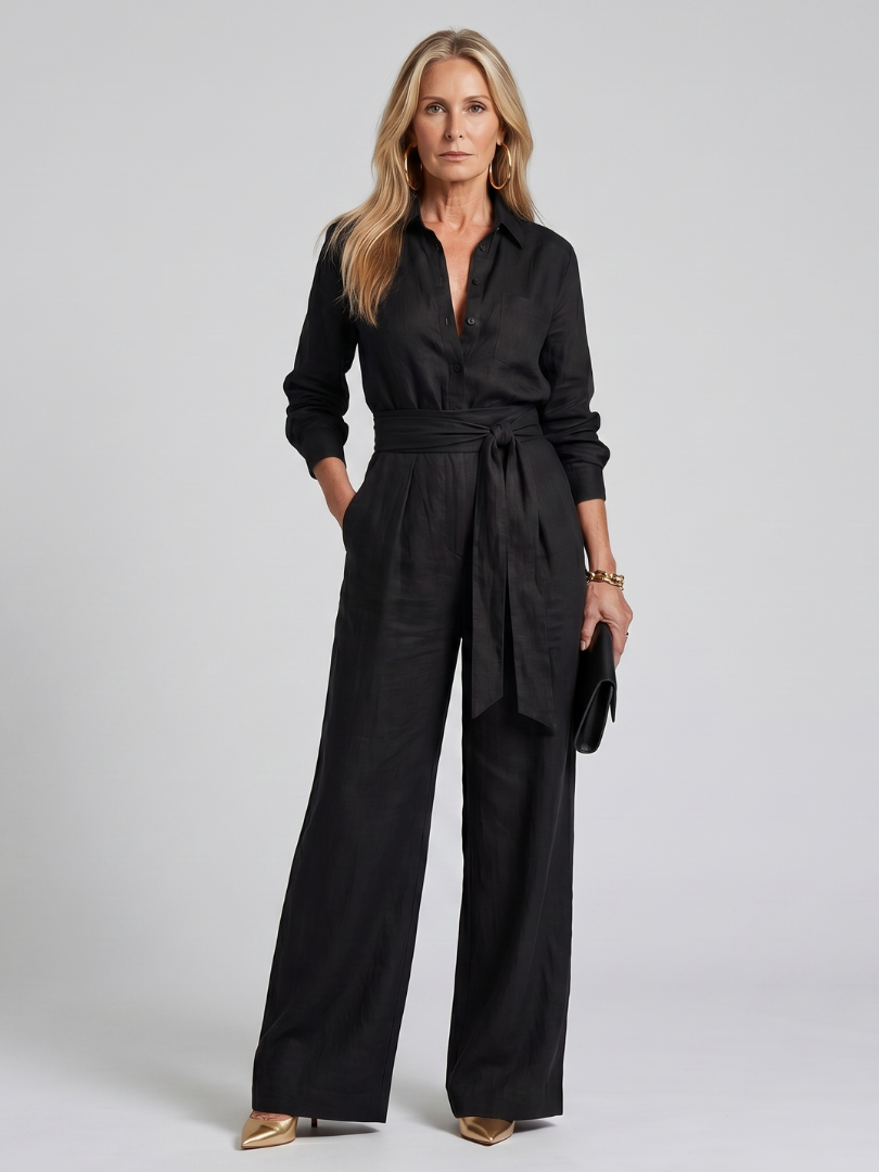 Long Sleeve Button-Front Wide Leg Jumpsuit Women Relaxed Fit Casual