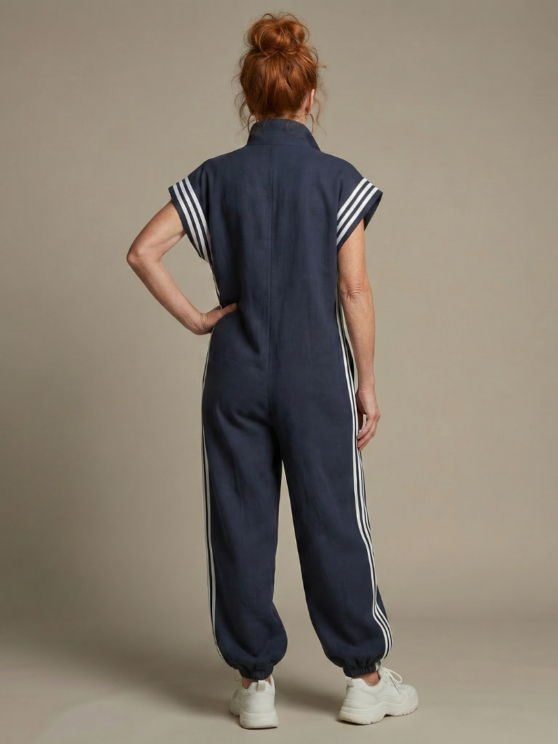 Jumpsuit Women Relaxed Fit Casual with Zip Front and Stripe Panels