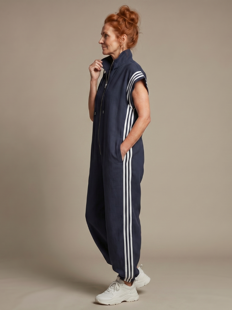 Jumpsuit Women Relaxed Fit Casual with Zip Front and Stripe Panels