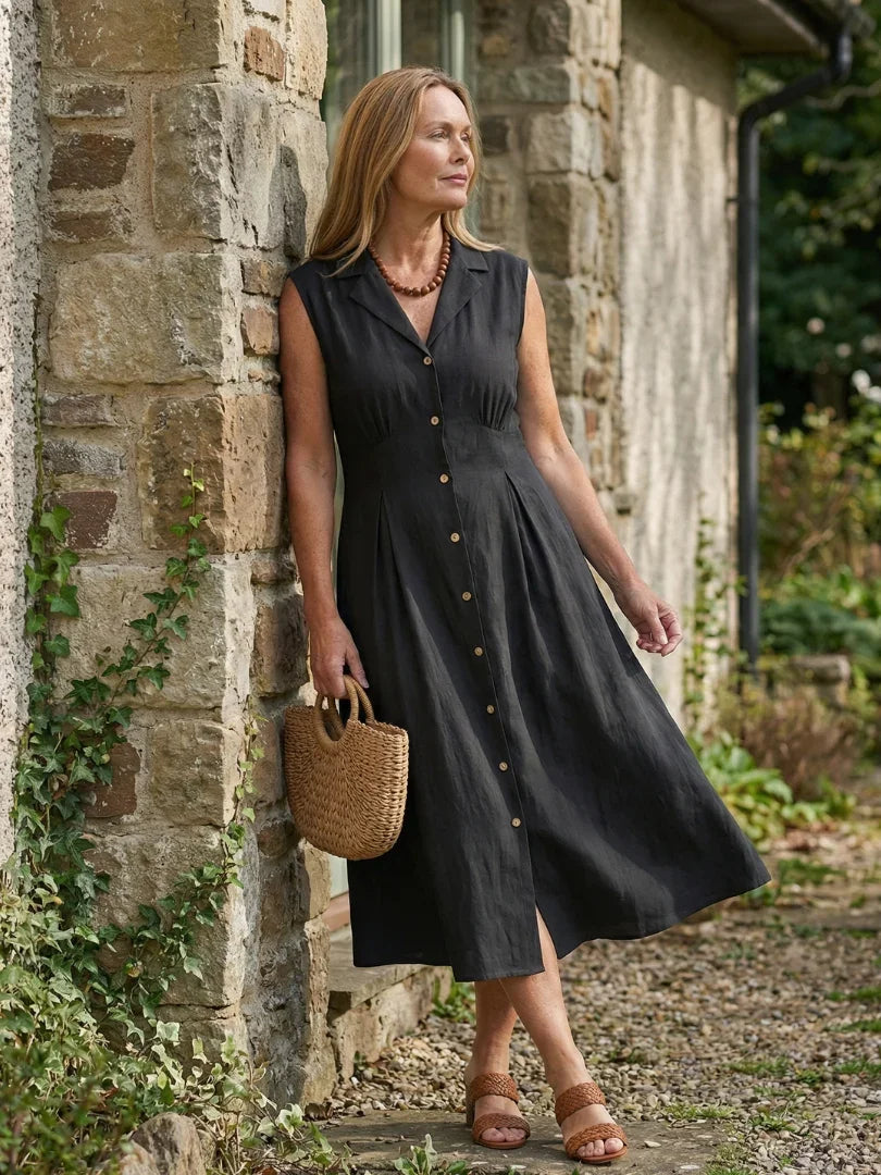 Sleeveless Button-Front Midi Dress Women Defined Waist Casual