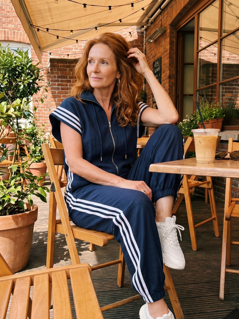 Jumpsuit Women Relaxed Fit Casual with Zip Front and Stripe Panels