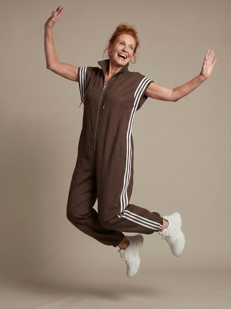 Jumpsuit Women Relaxed Fit Casual with Zip Front and Stripe Panels
