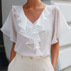 Ruffled V-Neck Sheer Sleeve Blouse