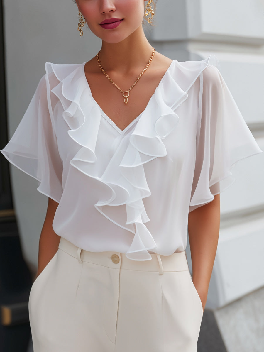 Ruffled V-Neck Sheer Sleeve Blouse