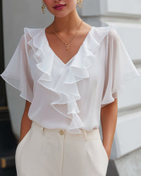 Ruffled V-Neck Sheer Sleeve Blouse
