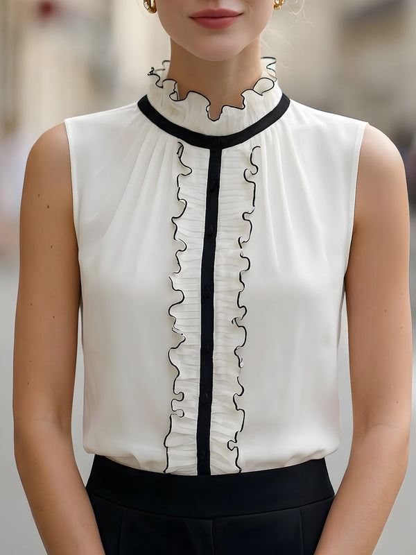 Sleeveless Ruffled Blouse With Black Contrast Trim