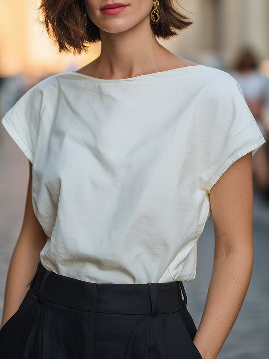 Minimalist Boat Neck Cap Sleeve Structured Top