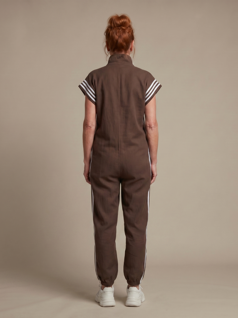 Jumpsuit Women Relaxed Fit Casual with Zip Front and Stripe Panels