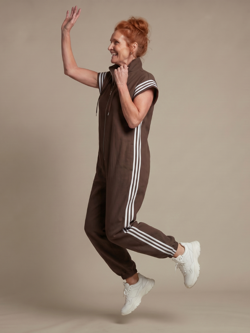 Jumpsuit Women Relaxed Fit Casual with Zip Front and Stripe Panels