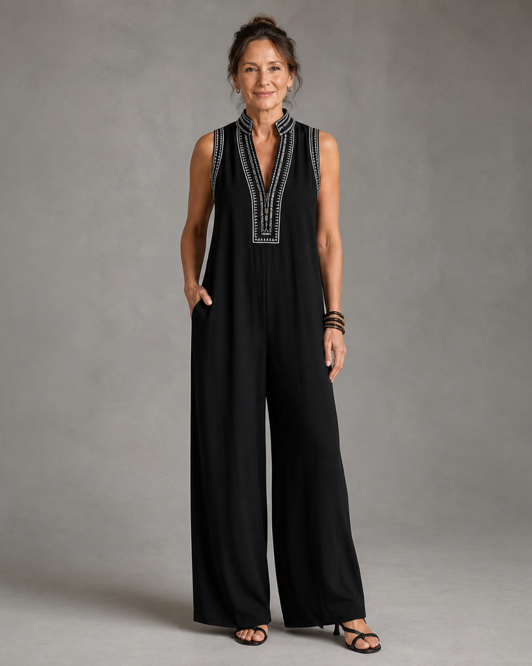 Sleeveless Embroidered V Neck Jumpsuit Women Relaxed Fit Casual