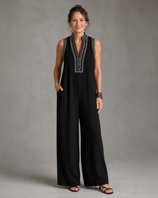 Sleeveless Embroidered V Neck Jumpsuit Women Relaxed Fit Casual