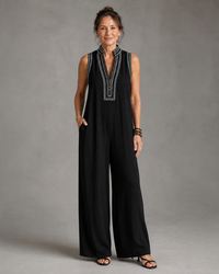Sleeveless Embroidered V Neck Jumpsuit Women Relaxed Fit Casual