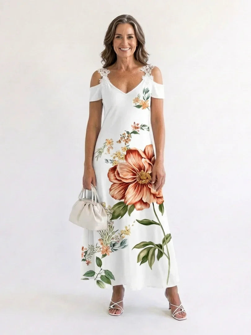 Floral Off-Shoulder A-Line Midi Dress Women Relaxed Fit Casual