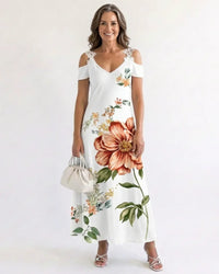 Floral Off-Shoulder A-Line Midi Dress Women Relaxed Fit Casual