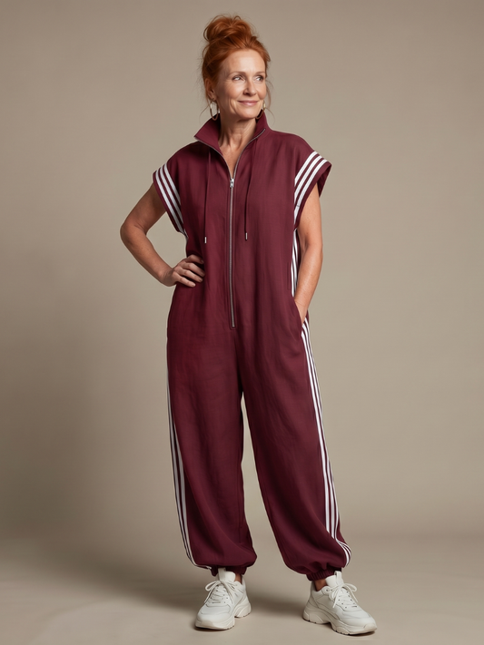 Jumpsuit Women Relaxed Fit Casual with Zip Front and Stripe Panels