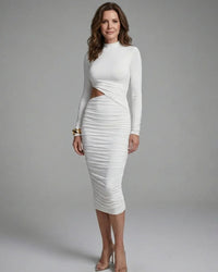 Midi Dress Women Fitted Evening Cutout Ruched Long Sleeve