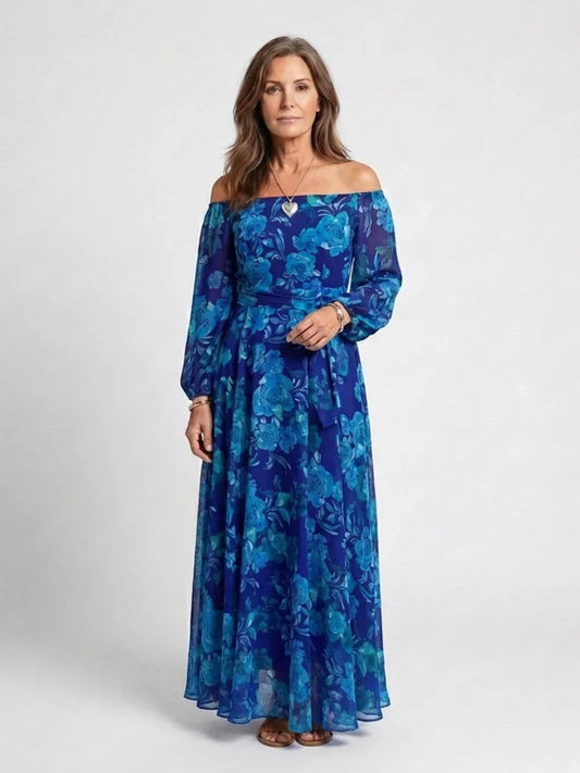 Off Shoulder Floral Maxi Dress Women Relaxed Fit Casual Summer