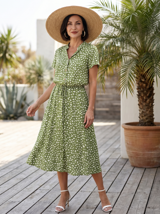 Midi Dress Women Relaxed Fit Casual Printed Button Front Belted