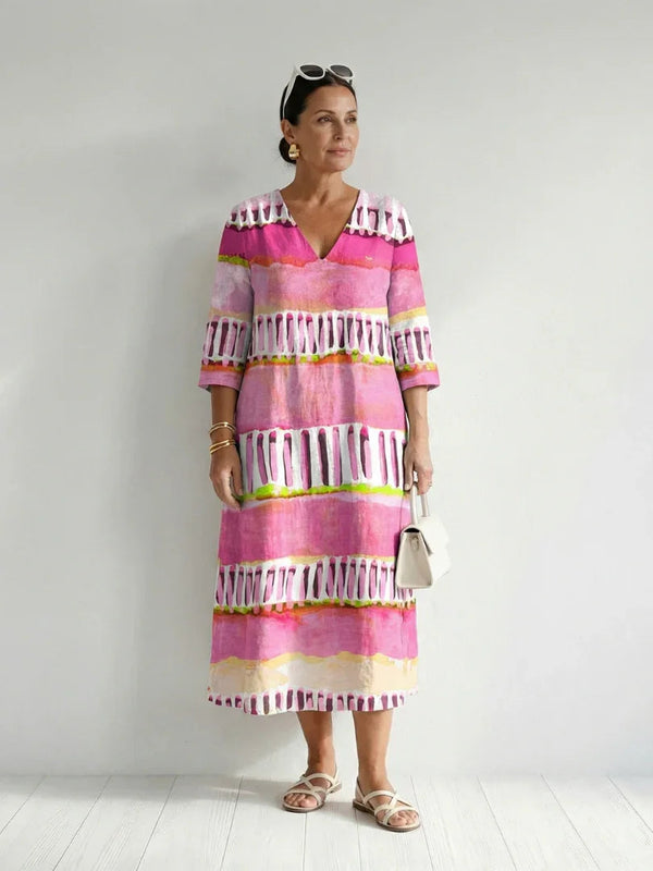 Midi Dress Women Relaxed Fit Casual Patterned Stripe